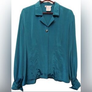 Vintage Chagal Teal Button-Down Blouse, Size 12